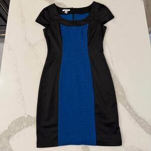 London Style CapSleeve Sheath Mini Dress Womens 6 Black/Blue Wavy Stretch Career